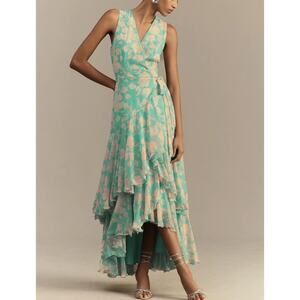 Hutch Trinity Ruffled Chiffon Wrap Maxi Dress Teal Floral Size Large NWT Wedding